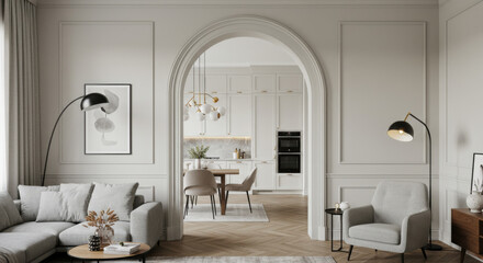 a living room with a view into the kitchen through a large archway connecting spaces