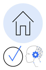 House outline inside blue circle, human head with AI gear, and large checkmark. Ideal for technology, automation, AI, home security, innovation verification futuristic ideas. A flat simple metaphor