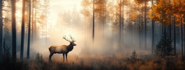 A majestic elk stands gracefully in a misty forest at sunrise, surrounded by vibrant autumn trees in a tranquil wilderness setting