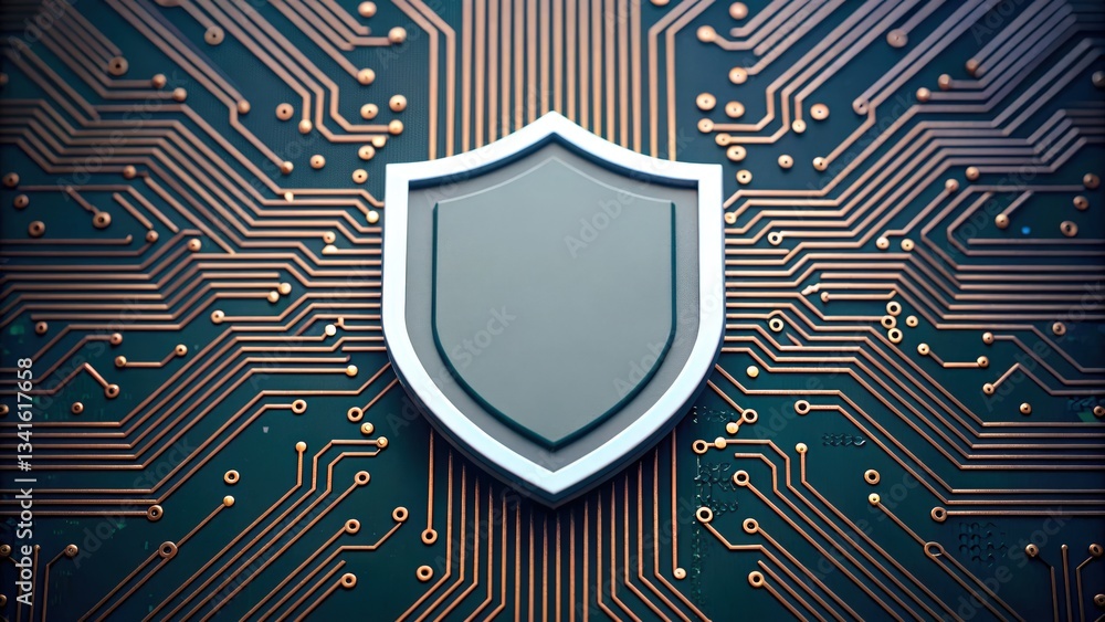 Poster a shield icon merged with a circuit board, symbolizing technology and security concepts.