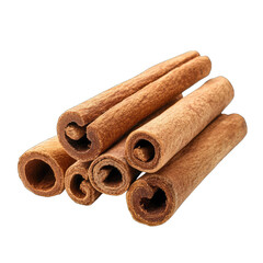 A group of fresh cinnamon sticks with a rich brown color and textured curled bark.
