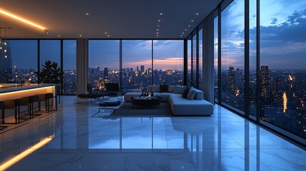 Fototapeta premium Modern Sleek Living Room Design with Futuristic Aesthetic and City View at Dusk