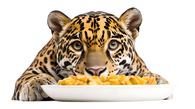 Jaguar peers intently at a bowl full of pasta