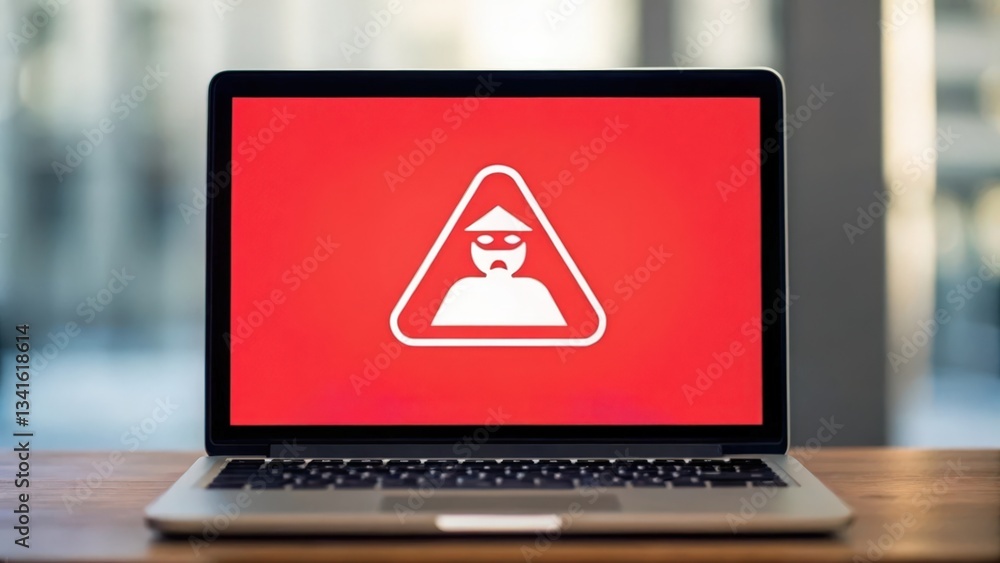 Poster a laptop screen showing a red alert sign indicating a warning or error message.