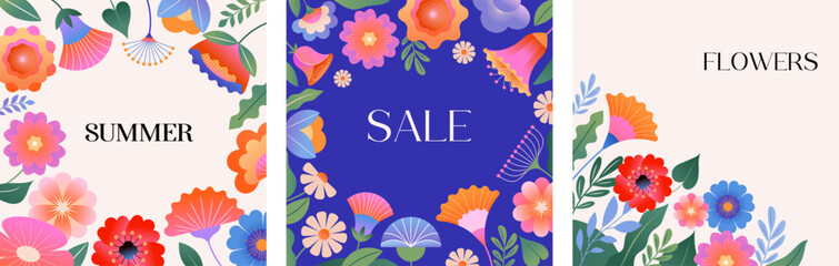 Colorful Floral Frame with Abstract Flowers. Summer Sale Template.