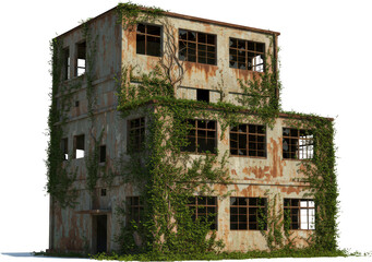 Overgrown Abandoned Building Exterior Rusty Facade Ivy Covered Walls Old Structure