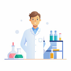 Scientist in white lab coat stands at laboratory bench with equipment. Male researcher with friendly expression surrounded by glassware. Concept: research, medicine, education.