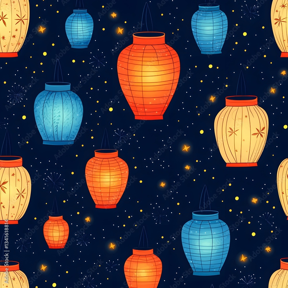 Poster a seamless pattern of enchanted glowing lanterns floating in the night sky.