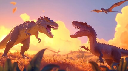 Dinosaurs clash sunset field