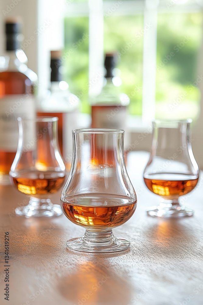 Poster whiskey tasting set with multiple glasses and bottles on a wooden table in front of a window