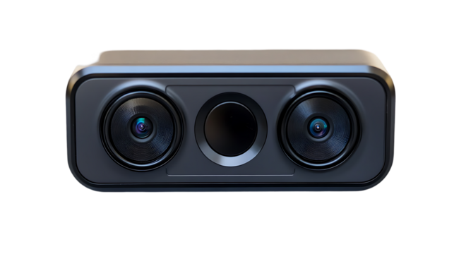 Close up shows dual camera system with central sensor