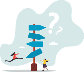Decision choice, confusion, doubt for opportunity, challenge to choose career path, way to success or tough decision,character for design