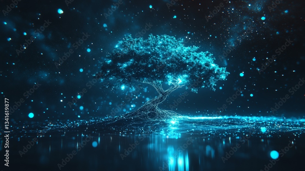 Poster mystical glowing tree with digital neuron roots and sparkling particles, 3d illustration