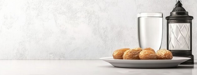 Delicious warm pastries arranged elegantly on a clean table, accompanied by a refreshing glass of water and an ornate lantern