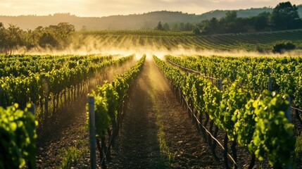 Picturesque vineyard vista with early morning mist and automated irrigation