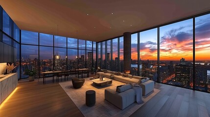 Sleek Open Concept Living Room with Panoramic City Views at Dusk