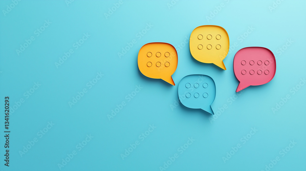 Aufkleber colorful paper speech bubbles on blue background with three unique shapes illustrating dialogue and 