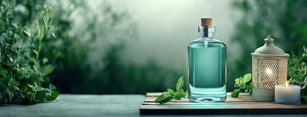 Serene composition of a fragrant elixir beside a soothing candle in a tranquil greenery setting at dusk
