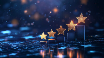 Golden Stars Rising on Graph of Success with Abstract Background of Glowing Lights and Technology Theme in Blue Color Scheme