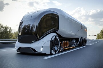 Naklejka premium Futuristic and fully autonomous trucks operating on a smart highway system of the future