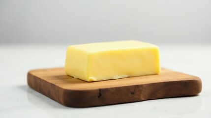 A single stick of pale yellow butter rests on a small, rustic wooden board, ready for culinary use.