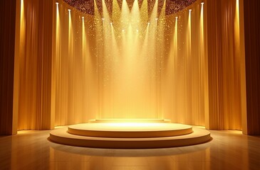 Golden marble stage podium with intense spotlight glow, stage, lighting