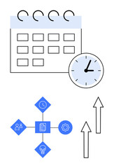 Calendar and clock symbolizing scheduling, with a process diagram and arrows for organized workflow. Ideal for planning, prioritization, efficiency, deadlines, productivity, strategies, business