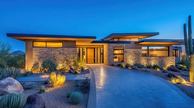 Modern desert home design arizona real estate scenic evening exterior view luxurious lifestyle