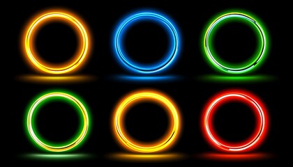 Colored neon circles on black background, used design