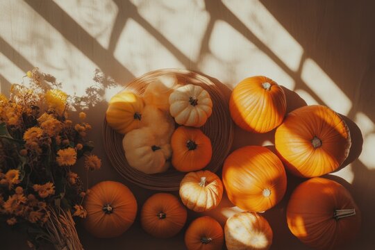 Autumn harvest pumpkins and gourds flat lay with negative space