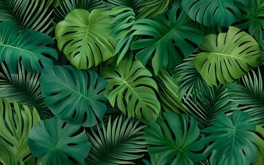 Tropical jungle foliage with detailed monstera, palm, and banana leaves in vibrant greens, seamlessly intertwined