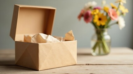 A partly opened, light brown cardboard gift box filled with crumpled tissue paper sits on a wooden surface, with a blurred bouquet of flowers in a glass vase in the background.