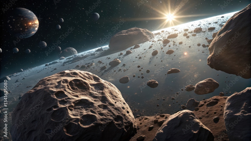 Poster an awe-inspiring space scene showing asteroids in the ring and a planet in the distance, under a bri