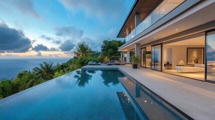 Fototapeta premium Luxury villa with infinity pool at dusk offering breathtaking oceanic views
