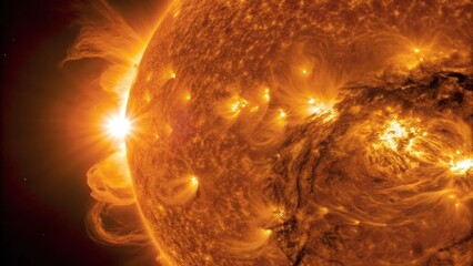 The sun's surface with dynamic solar flares, showcasing intense energy and vibrant colors