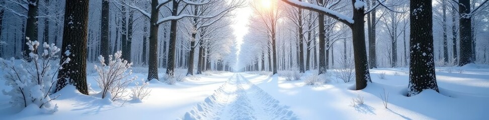 Drifts of pristine snow entwine forest branches in elegant symmetries, forest, snow, winter woods