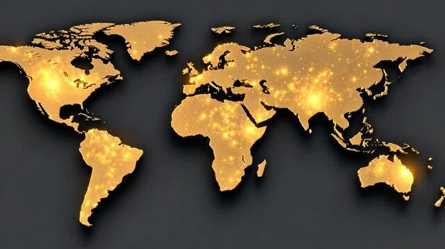 World map illuminated with bright points showcasing cities and regions at night across different continents