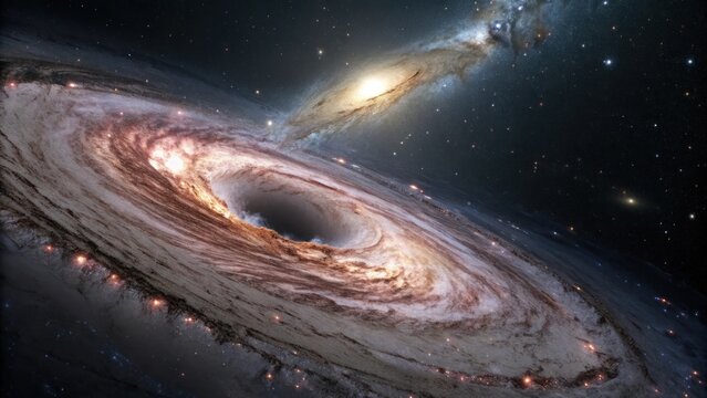 two swirling galaxies with a black hole at its center. It has a very impressive cosmic view, dark sky and starry background