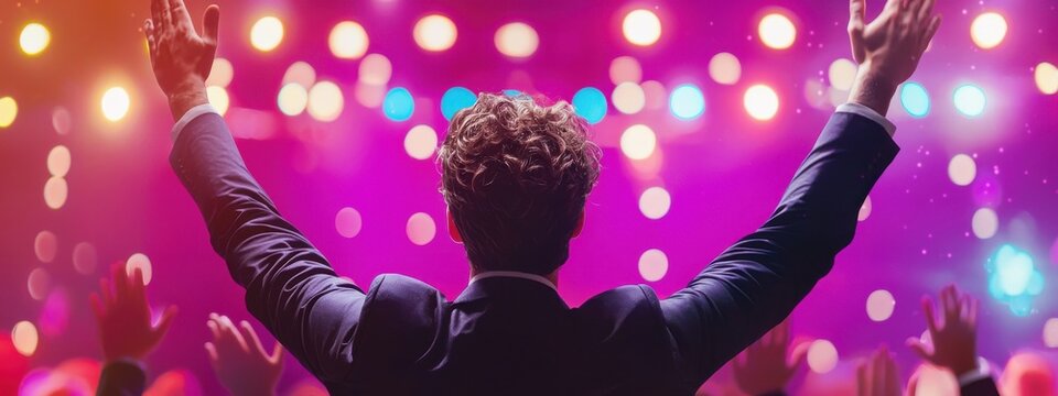 Energetic Performance with Enthusiastic Audience Under Colorful Lights