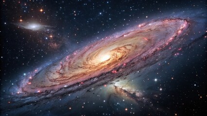 A stunning view of a spiral galaxy, filled with cosmic dust and countless stars, creating a breathtaking display of the universe's beauty. The galaxy stretches across the vast expanse of space.