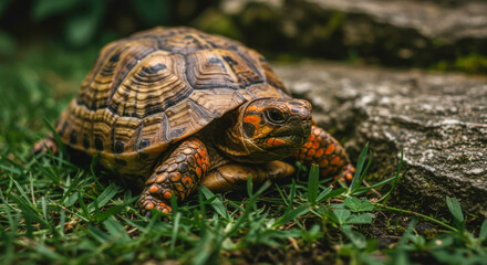 Obraz premium Ornate turtle on grass near rock in natural habitat