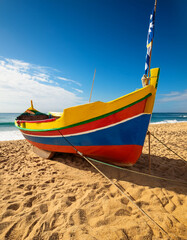 Fototapeta premium A shot of a traditional Portuguese fishing boat painted with bright colors resting on golden sand beside the turquoise sea