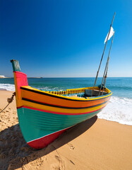 A shot of a traditional Portuguese fishing boat painted with bright colors resting on golden sand beside the turquoise sea