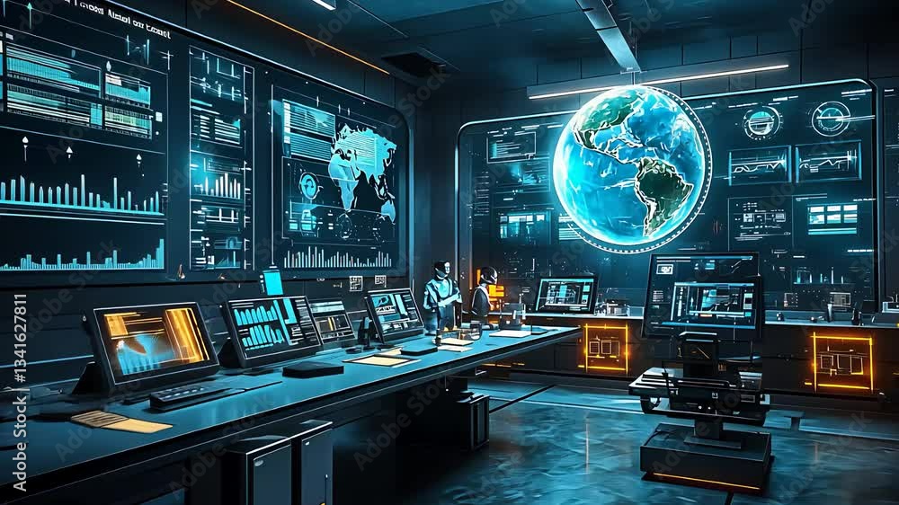 Poster futuristic command center with holographic earth display, advanced data screens, and high-tech contr