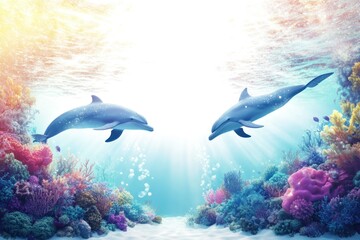 Obraz premium Two Playful Dolphins Swimming Among Vibrant Coral Reef Under Shimmering Sunlight