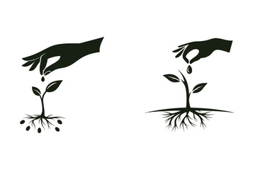 a hand dropping a seed, with a plant sprouting from it set