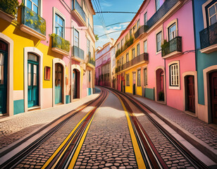 Portuguese iconic tram tracks winding through a narrow cobblestone street with buildings painted in pastel tones