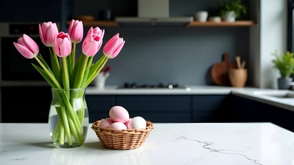 Obraz premium Bouquet of beautiful pink tulups in vase, marble table top, pastel eggs in basket, blur minimalistic scandinavian kitchen interior background, montage product display or design key visual layout
