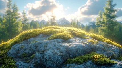 Mossy rock in sunlit mountain forest.