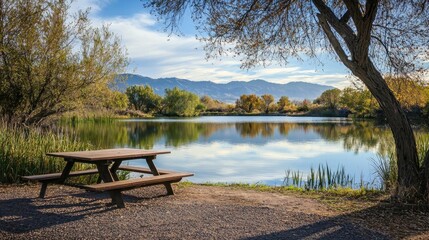 A tranquil lake view from a roadside picnic area